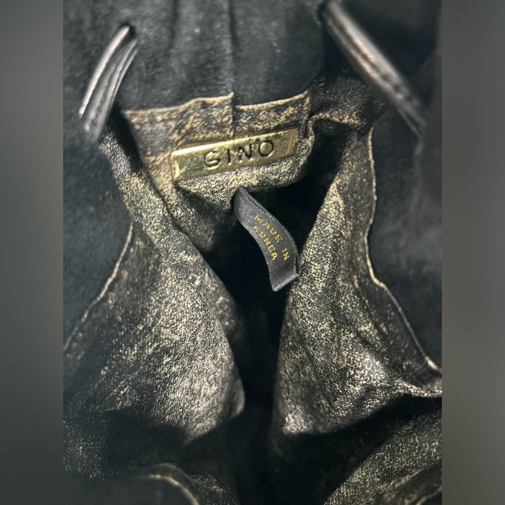 Black Leather Croc-Textured Drawstring Bucket Bag - Picture 15 of 16